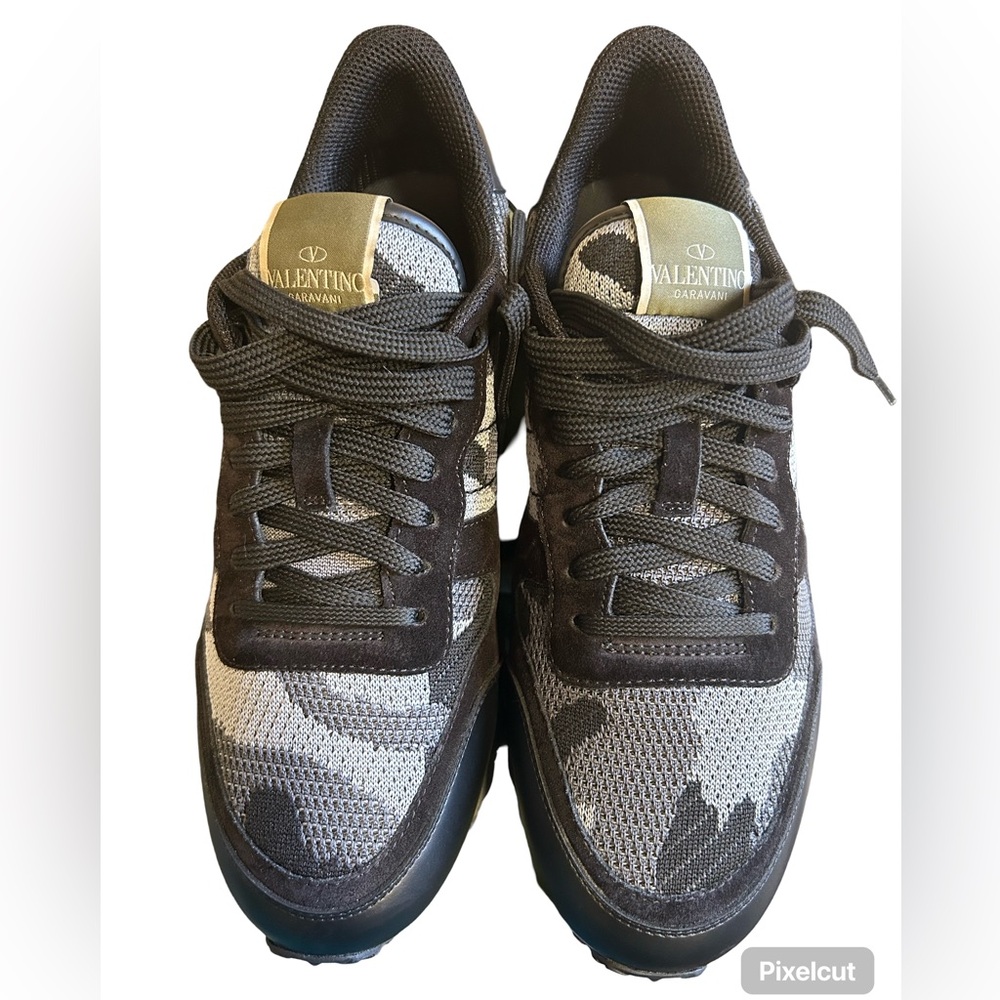 Valentino Garavani Men's Black and Gray Camouflage Knit Sneakers